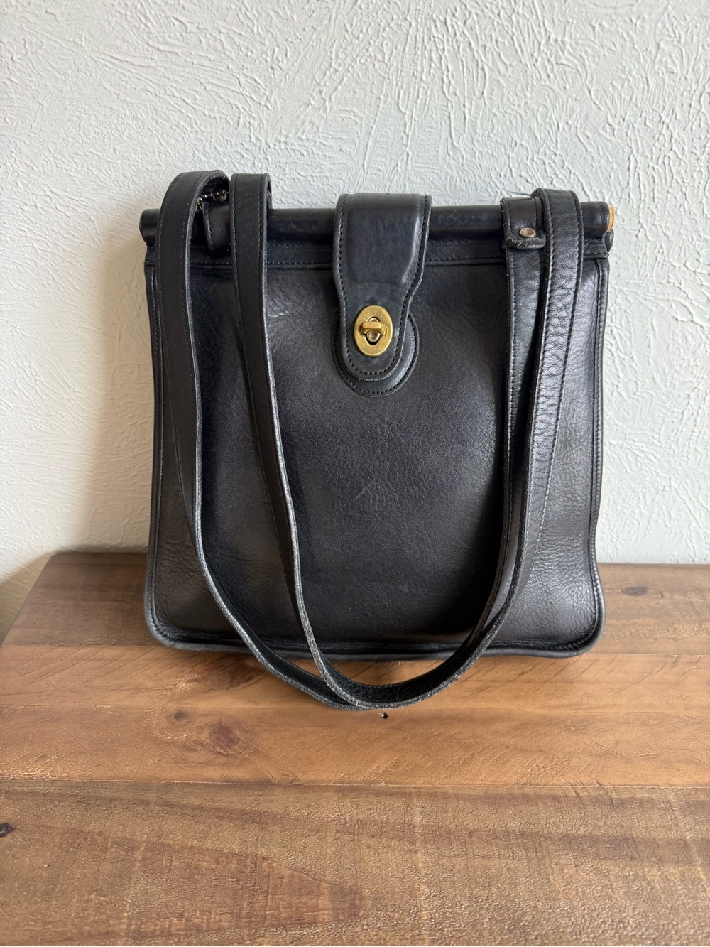 Coach Vintage Weston Black Leather Shoulder Tote with Gold Turn-Lock